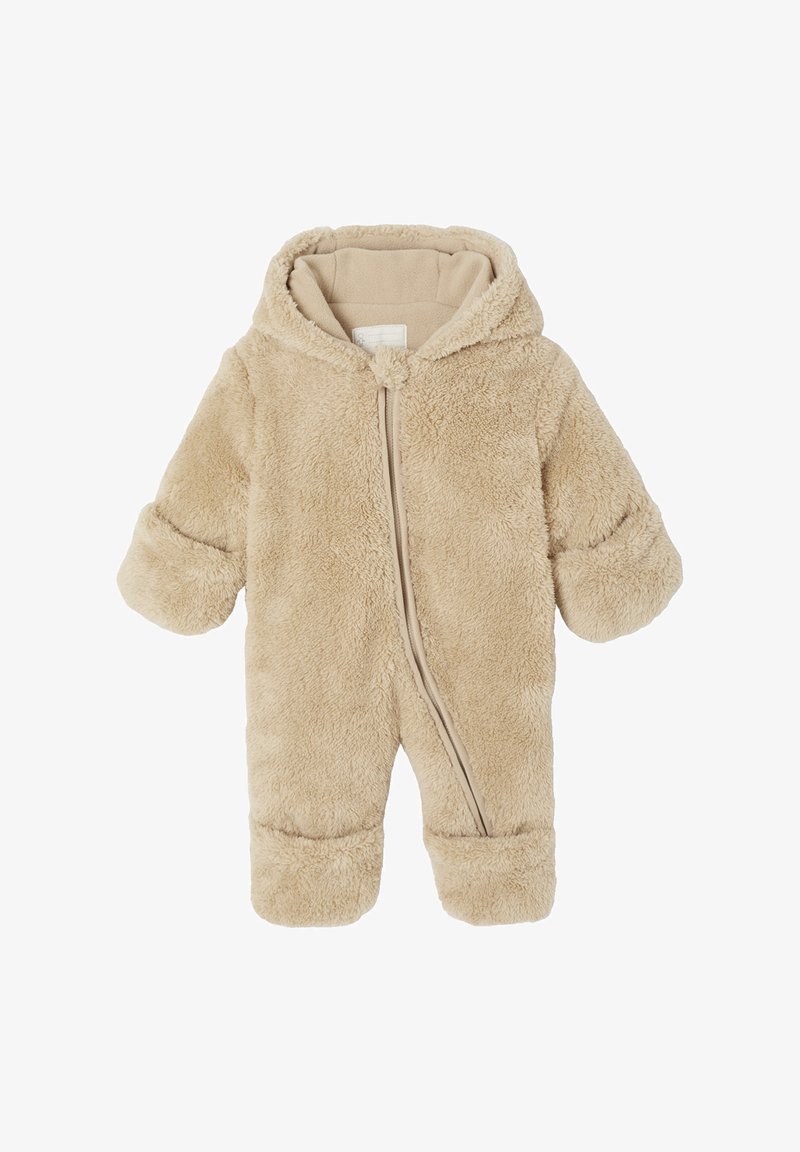 Beige Fleece-Overall mit weicher Textur, ZIP-Verschluss und Kapuze. Rund geschnittene Ärmel mit bündchen. Leicht und wärmendes Design.