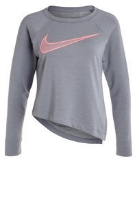 Felpa grigia a maniche lunghe con orlo arrotondato e collo rotondo. Presenta un logo Nike rosa sul petto. Il tessuto sembra morbido e liscio.