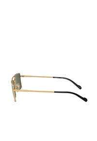 Occhiali da sole in metallo dorato con lenti rettangolari verdi. Presentano sottili aste laterali in plastica nera. Design minimalista, linee pulite.