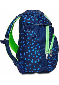 Zaino navy con motivi geometrici blu, cerniere verdi, spallacci imbottiti e superficie testurizzata. Numerosi scomparti per lo stoccaggio.