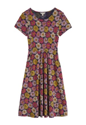 Rövid ujjú, térdig érő ruha, alakra szabott derékkal, sötét alapon rózsaszín, sárga és fehér margaréta mintával.
