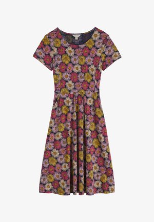 Rövid ujjú, térdig érő ruha, alakra szabott derékkal, sötét alapon rózsaszín, sárga és fehér margaréta mintával.