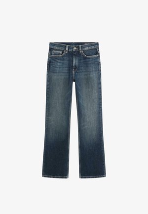 Donkerblauwe rechte jeans met vervaagde gebieden, vijf-pocket stijl, riemlussen en metalen knoopsluiting aan de taille.