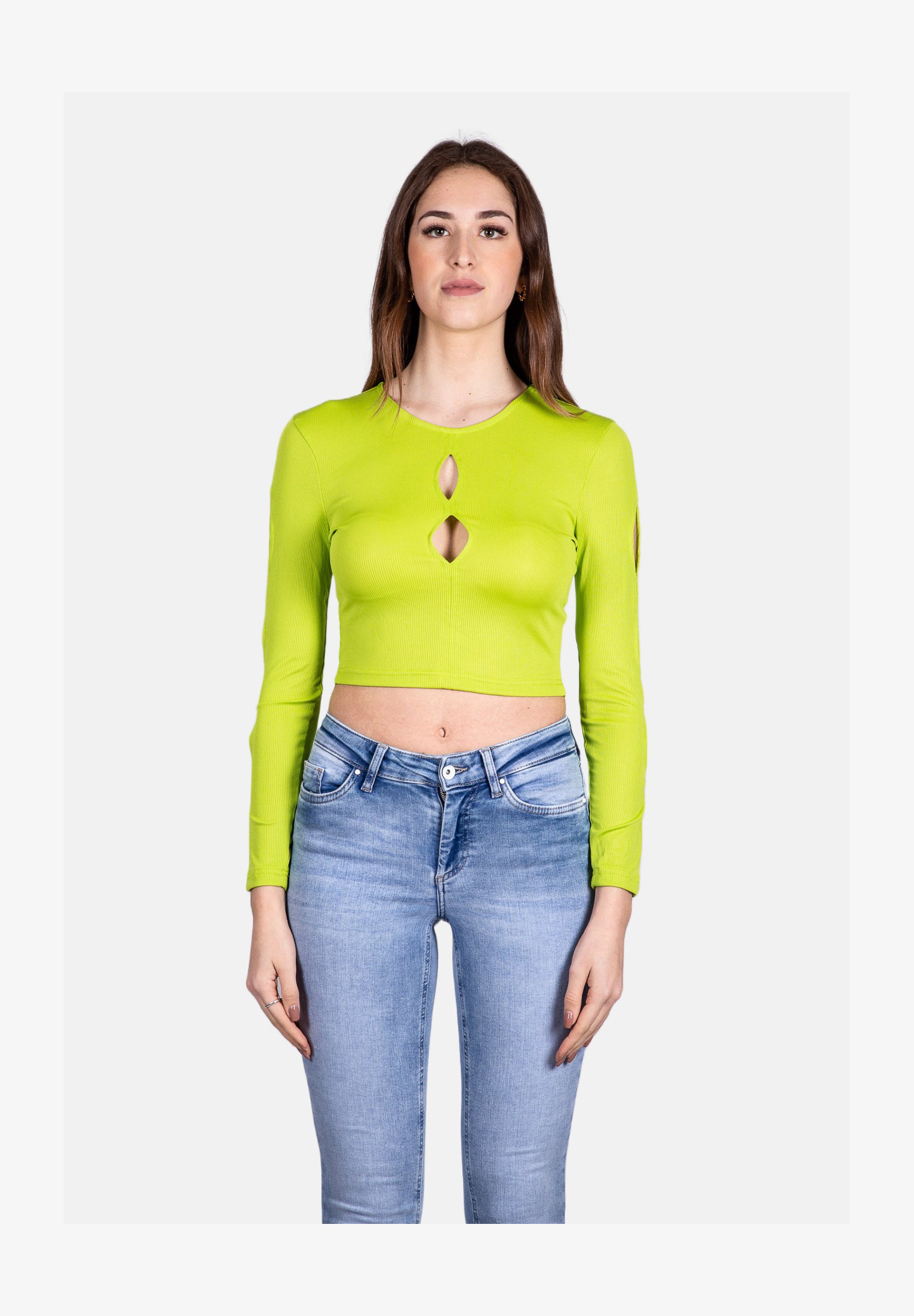 Top Donna Manica Lunga Scollo Quadrato Aderente - Maglia A Coste Verde Taglia XL