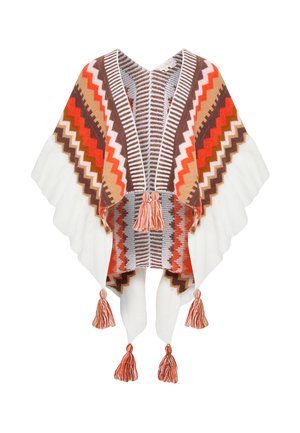 Poncho țesut într-o paletă multicoloră, cu modele în zigzag în nuanțe de roșu, maro și crem, având franjuri la margine și un decolteu în formă de V.