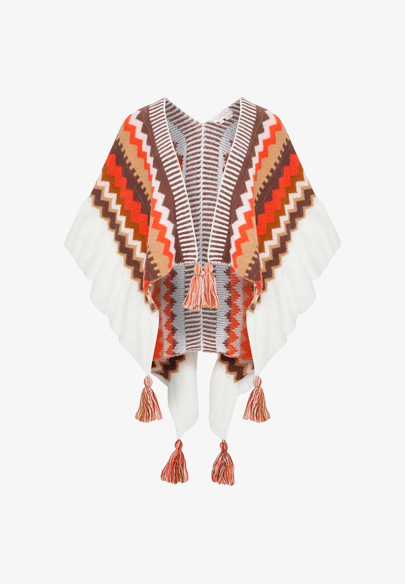 Poncho intrecciato multicolore con motivi a zig zag in rosso, marrone e crema, con frange all'orlo e scollatura a forma di V.