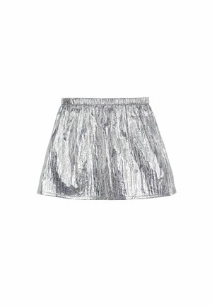 Ezüst metál miniszoknya gumis derékrésszel, hullámos textúrával és A-vonalú szabással.