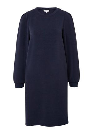 Navy blue sweatshirt dress, valmistettu pehmeästä kankaasta, jossa on pitkät puff-hihat, pyöreä pääntie ja rento istuvuus ribbausaukoilla.