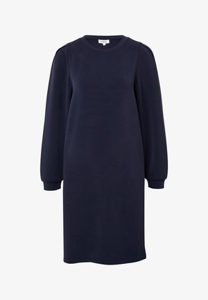 Tumed sinine sviiterkleit pehmest kangast, millel on pikad puffvarrukad, ümmargune kaelus ja lõdva istuvusega soonikkäised.