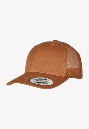 Brun snapback cap med solid front og mesh bak. Har en buet visir og et merketikett foran.