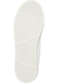 Suola di scarpa in gomma bianca con un motivo a spina di pesce, caratterizzata da una leggera texture, bordi arrotondati e un logo del marchio discreto.