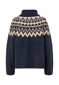 Granatowy sweter wełniany z wysokim kołnierzem, zdobiony wzorem Fair Isle w kremowym i żółtym kolorze na ramionach oraz ściągaczami.