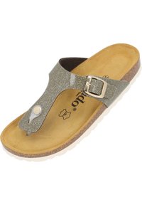 Grå glittertopp sandal med en metallspänne, brun korkfodrad sula och en vit gummisula. Har en slät yta och enkel design.