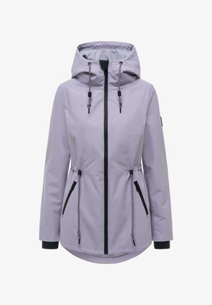 Veste à capuche pour femme de couleur violet clair avec fermeture éclair noire, cordons ajustables et poches latérales zippées, conçue pour temps froid.