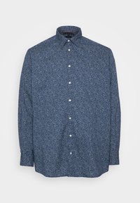 Camicia button-up in tessuto blu scuro con un piccolo motivo floreale bianco, maniche lunghe e colletto, con bottoni bianchi e dettaglio con marchio.