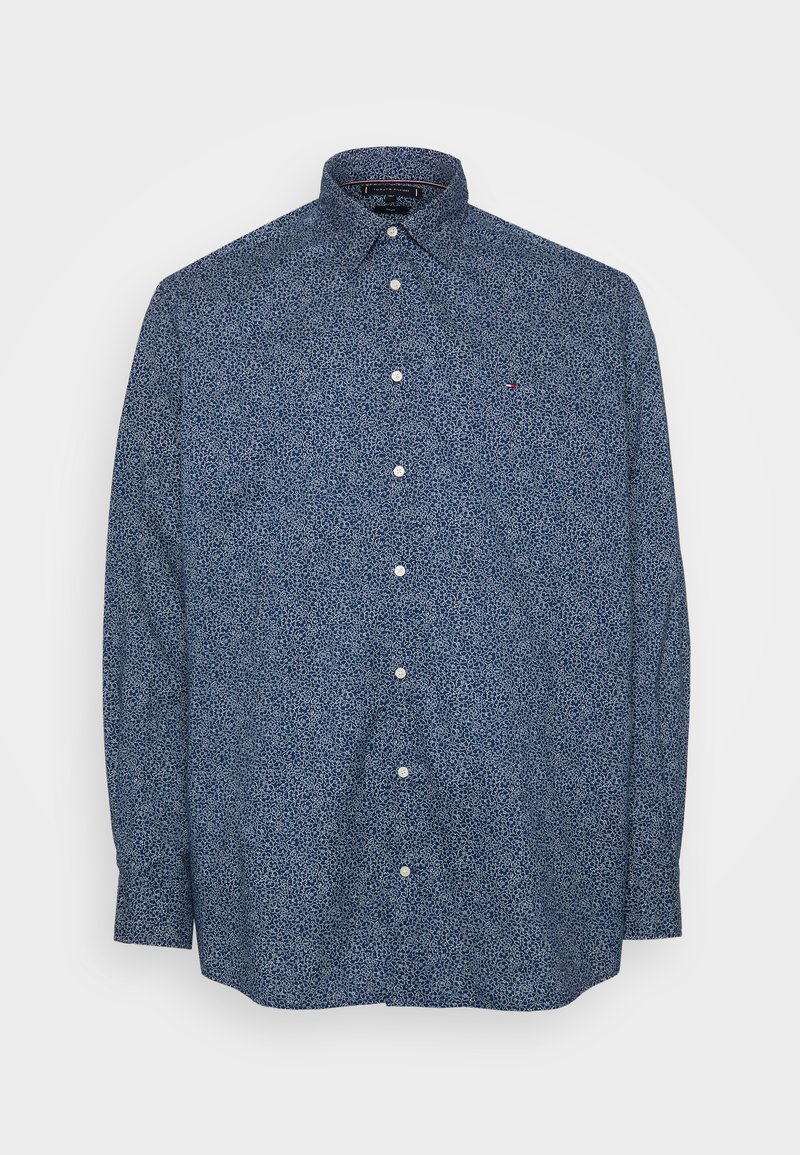 Camicia button-up in tessuto blu scuro con un piccolo motivo floreale bianco, maniche lunghe e colletto, con bottoni bianchi e dettaglio con marchio.