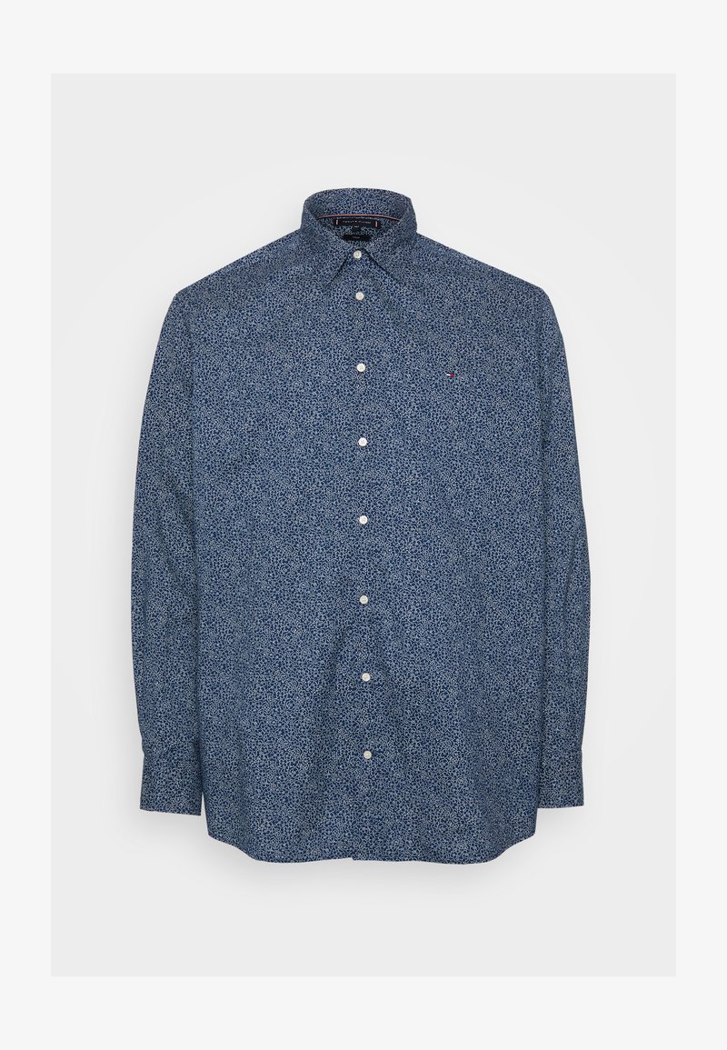 Tamsiai mėlynas marškiniai su ilgomis rankovėmis ir apykakle, padengti mažais baltais gėlių raštais, su baltais mygtukais ir prekės ženklu.