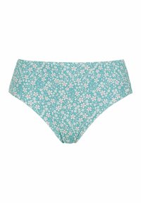 Turkosa bikiniunderdelar med blommönster i rosa och vitt. Slät tyg, medelhög midja, har rynkade sidor för en tight passform.