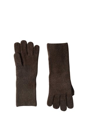 Paire de gants en maille marron foncé avec poignets côtelés, posés à plat sur un fond blanc, montrant les côtés avant et arrière.