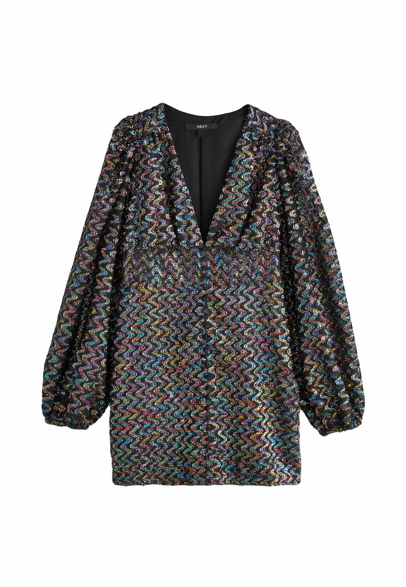 Abito nero con scollatura a V profonda e lunghe maniche a sbuffo, ricoperto di paillettes zigzag multicolori, con vita aderente e superficie texturizzata.