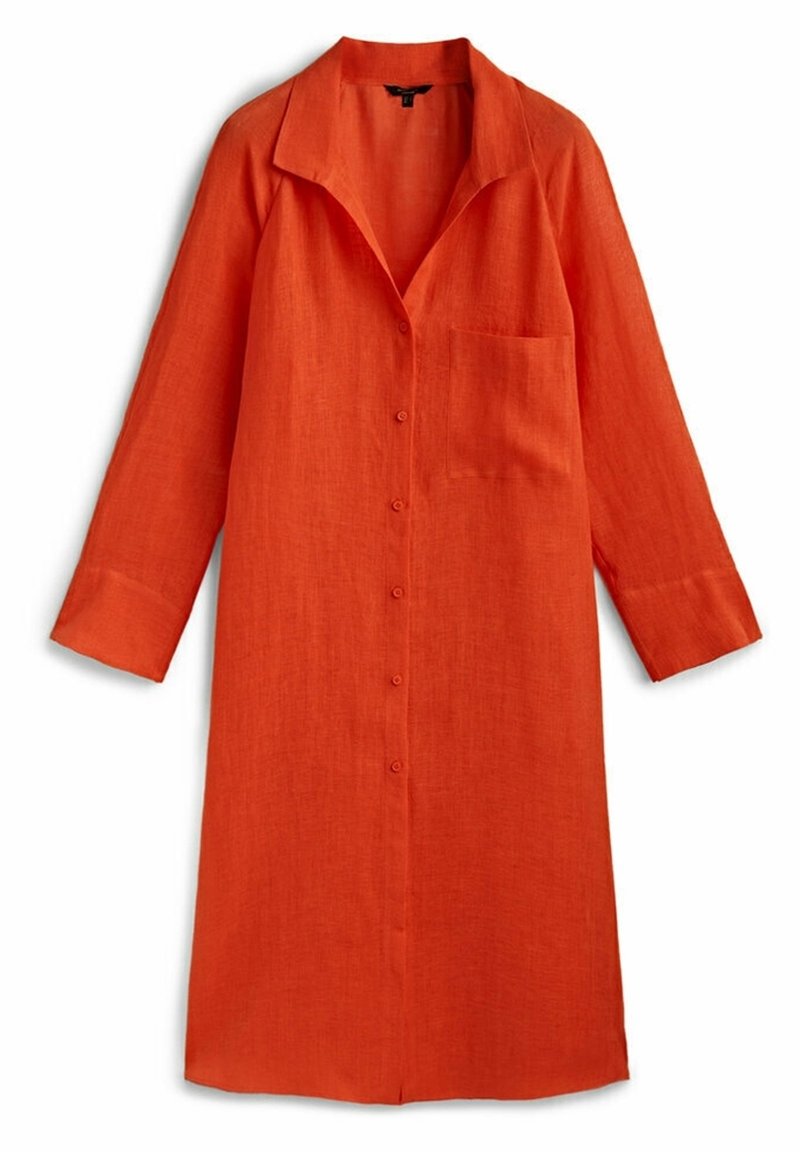 Robe en lin orange à manches longues, à boutons sur le devant, avec un col évasé et une poche poitrine, jusqu'aux genoux.