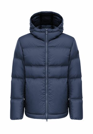 Marineblaue wattierte Winterjacke mit Kapuze, Frontreißverschluss und horizontaler Steppung an Ärmeln und Körper.