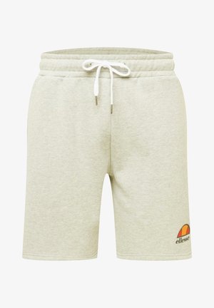 Pantalones cortos gris claro con cordón y cintura elástica, dos bolsillos laterales y pequeño logo de ellesse en naranja y rojo en la parte inferior de la pierna izquierda.