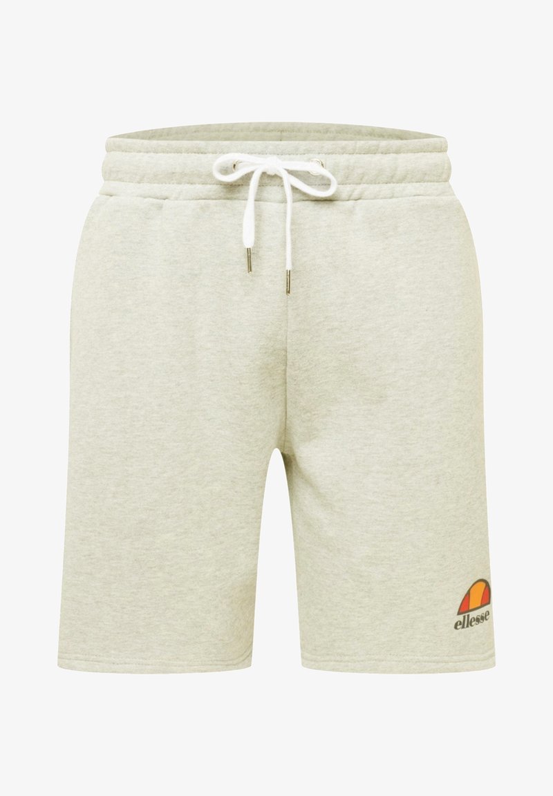 Shorts gris clair à cordon de serrage avec taille élastique, deux poches latérales et petit logo ellesse orange et rouge sur la partie inférieure de la jambe gauche.