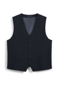 Marineblaue Weste aus glattem Stoff, mit V-Ausschnitt, fünf Knöpfen, zwei Fronttaschen und einem eleganten, ärmellosen Design.