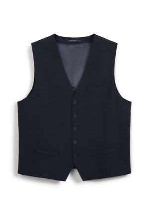 Gilet blu navy realizzato in tessuto liscio, caratterizzato da scollo a V, cinque bottoni, due tasche frontali e un design elegante senza maniche.