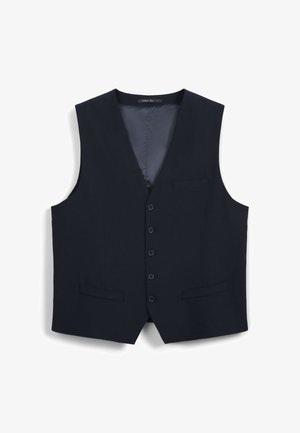 Gilet blu navy realizzato in tessuto liscio, caratterizzato da scollo a V, cinque bottoni, due tasche frontali e un design elegante senza maniche.