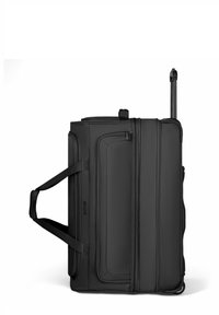 Black wheeled duffel bag with telescopic handle, dual carry straps, front zippered pocket, and soft fabric material.