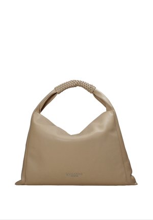 Borsa a mano in pelle beige con manico intrecciato e logo argento "Ermanno" centrato nella parte bassa anteriore.