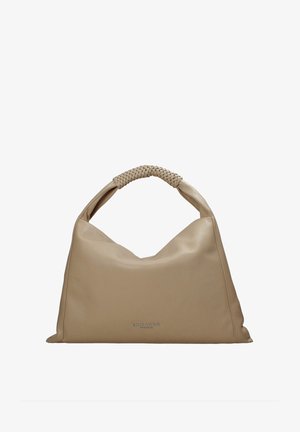 Borsa a mano in pelle beige con manico intrecciato e logo argento "Ermanno" centrato nella parte bassa anteriore.