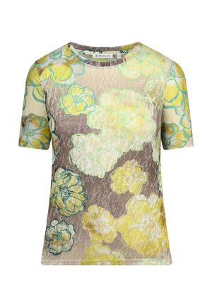 Floral blouse with a round neckline. Features large yellow and green flowers on a brown background. Short sleeves and lightweight texture.