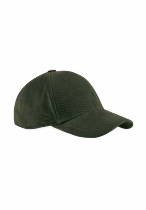 Dunkelgrüne Cord-Baseballkappe mit gebogenem Schirm und Belüftungsösen auf weißem Hintergrund.