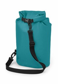 Bolsa seca enrollable en color verde azulado con correa de hombro ajustable negra y cierre de hebilla de plástico, diseñada para mantener los contenidos a prueba de agua y seguros.