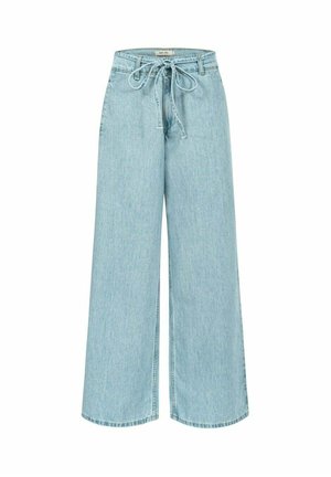 Jasnoniebieskie jeansy z szerokimi nogawkami wykonane z denimu, z wiązaniem w talii, wysokim stanem oraz czystym wykończeniem z minimalnymi przeszyciami.