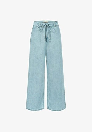 Jasnoniebieskie jeansy z szerokimi nogawkami wykonane z denimu, z wiązaniem w talii, wysokim stanem oraz czystym wykończeniem z minimalnymi przeszyciami.