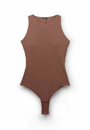 Brauner ärmelloser Body aus glattem, elastischem Material. Mit Rundhalsausschnitt und hoch geschnittenem Bein, das unten mit einem Druckknopfverschluss versehen ist.