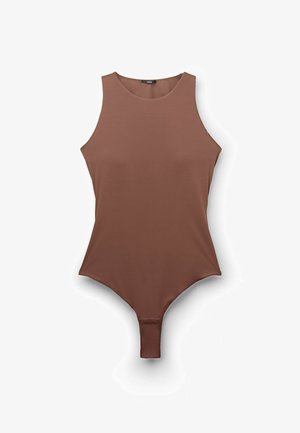 Hnědý bezramínkový body z hladkého a elastického materiálu. Má kulatý výstřih a vysoký střih nohou s patentním zapínáním na dně.