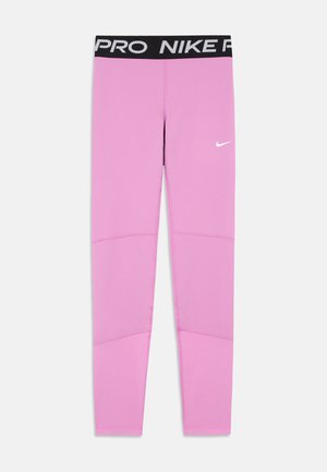 Pink Nike Pro leggings with black branded waistband and white Nike swoosh logo on the left thigh, displayed flat on white background.