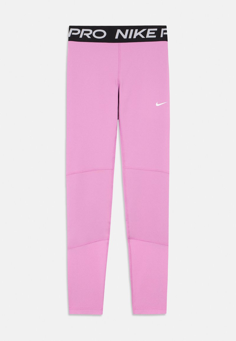Leggings Nike Pro roses avec une taille élastique noire à logo et un logo swoosh Nike blanc sur la cuisse gauche, présentées à plat sur un fond blanc.