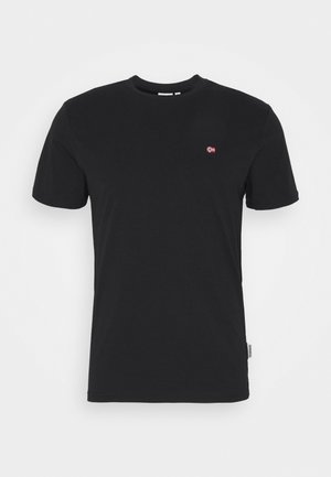 Black cotton t-shirt with a crew neckline, short sleeves, and a small embroidered logo featuring a flag on the left chest.