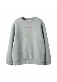 Grijze lange mouwen crewneck sweatshirt met geribbelde boorden en zoom, voorzien van kleine geborduurde tekst in het midden met de tekst "Cris pâle."