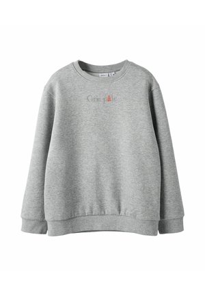 Grijze lange mouwen crewneck sweatshirt met geribbelde boorden en zoom, voorzien van kleine geborduurde tekst in het midden met de tekst "Cris pâle."