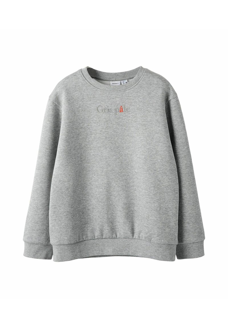 Grijze lange mouwen crewneck sweatshirt met geribbelde boorden en zoom, voorzien van kleine geborduurde tekst in het midden met de tekst "Cris pâle."