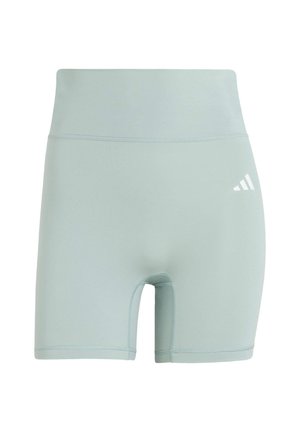 Lichtgroene sportshorts gemaakt van rekbaar materiaal, met een hoge tailleband en een wit logo nabij de onderkant van de rechter zoom.