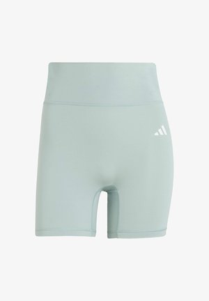 Lichtgroene sportshorts gemaakt van rekbaar materiaal, met een hoge tailleband en een wit logo nabij de onderkant van de rechter zoom.