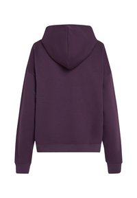 Felpa viola con cappuccio e vestibilità comoda, caratterizzata da maniche lunghe, polsini a costine e una texture morbida. La vista posteriore non mostra loghi o design visibili.